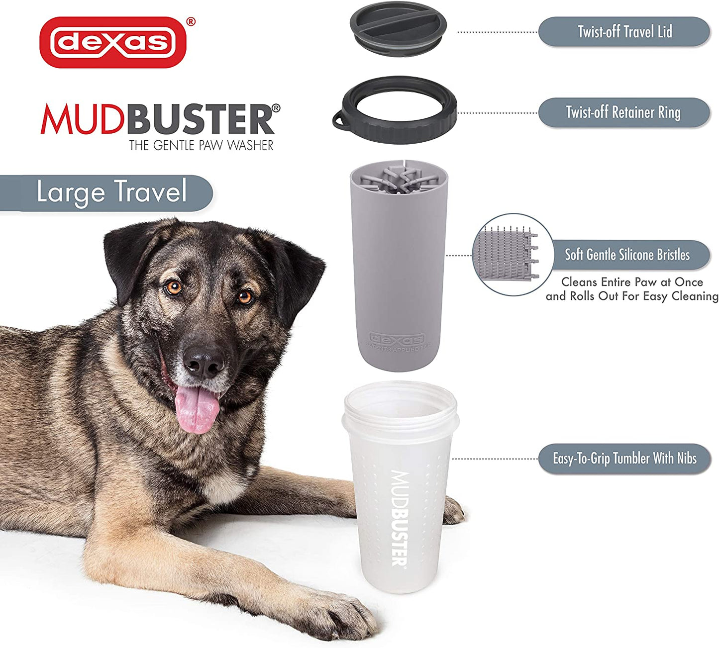 Dexas - Le nettoyeur de pattes de chien Mudbuster avec couvercle (moyen et large, gris)