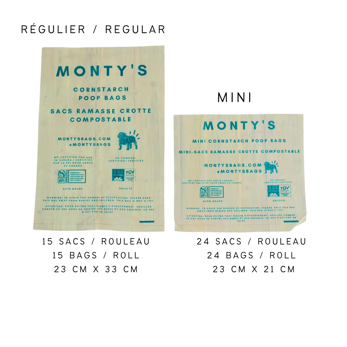 Monty's - Sacs à crottes compostables en fécule de maïs (240 sacs - 23x33 cm)