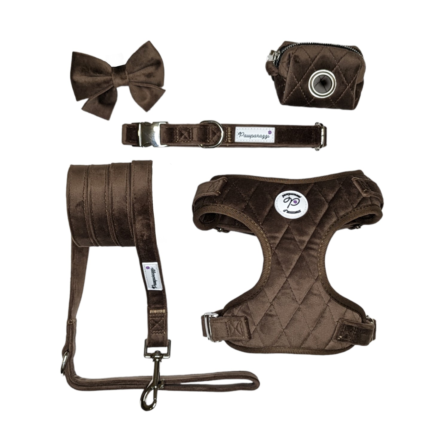 Pawparazzi d'animaux - Velvet Dog Harness, Leash, Collar, Bowtie and Poop-Bag Holder (Colors)